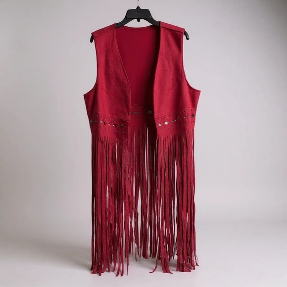 Jackets & Blazers - Red Fringe Vest Western Boho Festival Style Women’s 2XL Faux Suede